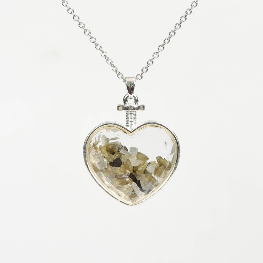 Crystal Chips In Heart Glass Pendant Necklace